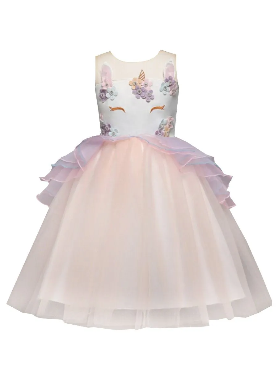 Blue and Purple Trendy Flower Unicorn Pattern Princess Dress Summer Tulle Lace Party Dress