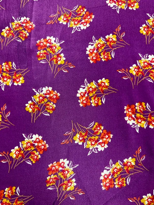 Purple Floral Print Sueded Poly Charmeuse Fabric