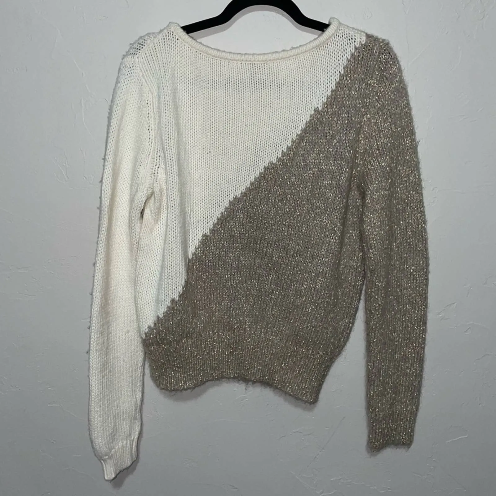 Raoul Wool Chunky Knit Metallic Gold Cream Crew Neck Sweater (Medium)