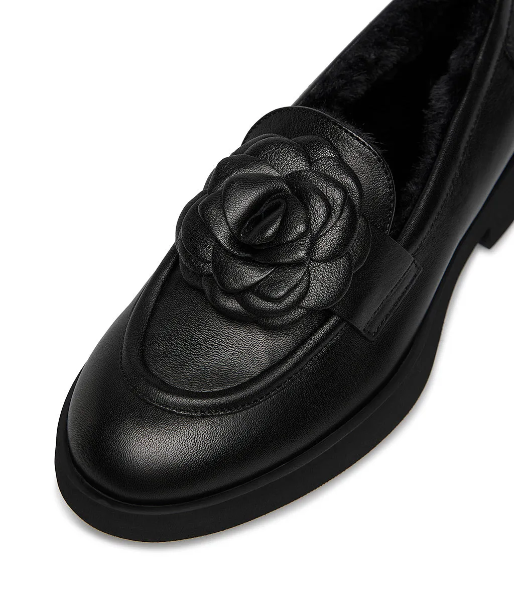 Shearing lined and flower decorated black nappa loafer